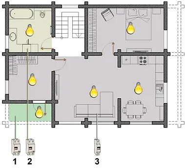 Схема освещения 1-го этажа в деревянном доме